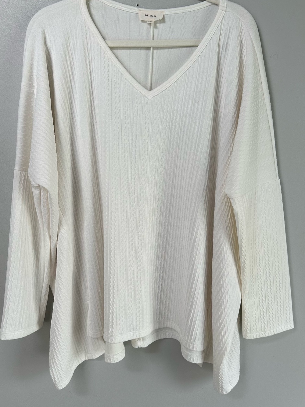 Be Stage Cream Plus Size V-Neck Long Sleeve Textured Top - 3x